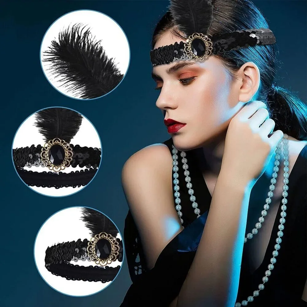 1920s Flapper Costume Accessories Set Headband Gloves Earrings Pearl Necklace
